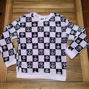 Wound Up LS Checkered Fleece Sweater w/ Peace & Mushrooms - Size Large